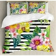thumbnail image 3 of Floral Duvet Cover Set King Size, Bouquet with Lily Dahlia Palm Begonia Leaves Orchid Flowers on a Striped Background, Decorative 3 Piece Bedding Set with 2 Pillow Shams, Multicolor, by Ambesonne, 3 of 3
