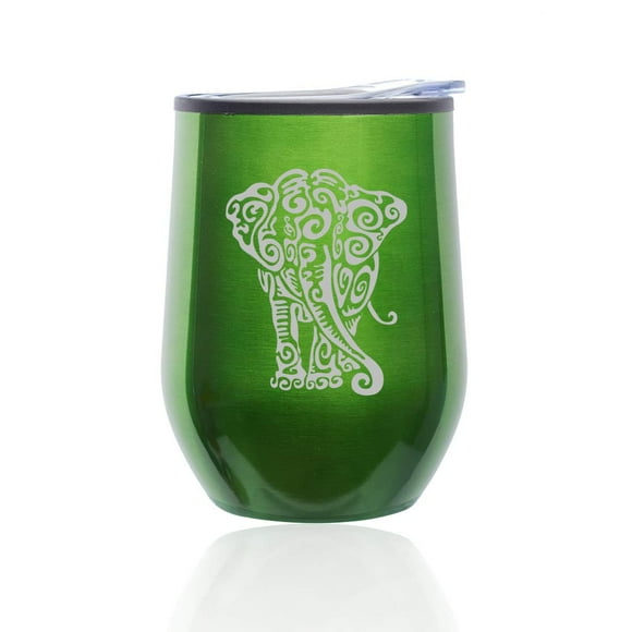 Gobelet à Vin Sans Pied Tasse de Voyage en Verre avec Couvercle Éléphant Tribal (Vert)