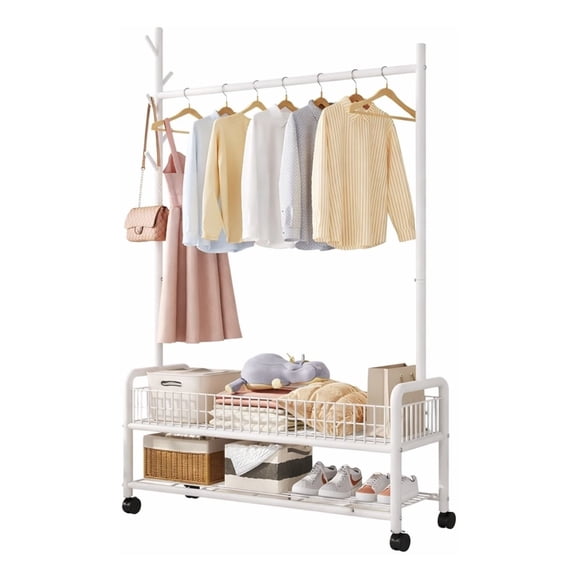 Rack Perchero Metalico Reforzado Movil Doble Estante Ropa Practiksa Color Blanco RZ30004
