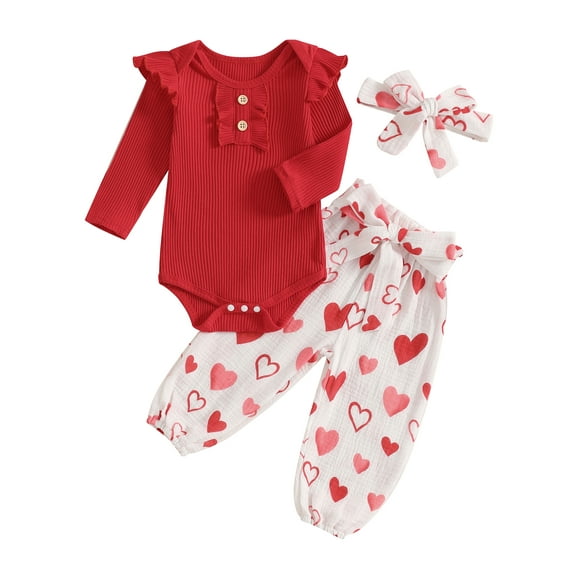 Gupgi Baby Infant Girl Valentine's Day Set Long Sleeve O Neck Romper Heart Print Pants Headband