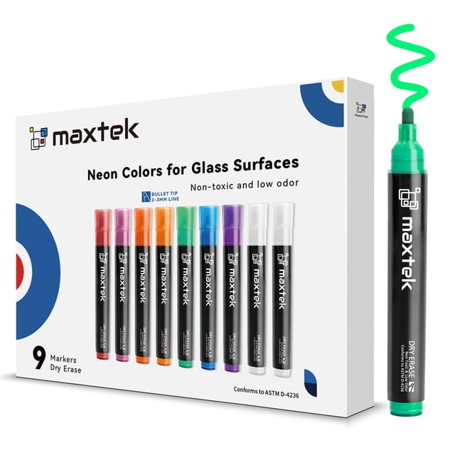 Marcadores de borrado en seco Maxtek Neon para cristal y pizarra blanca, 9 unidades