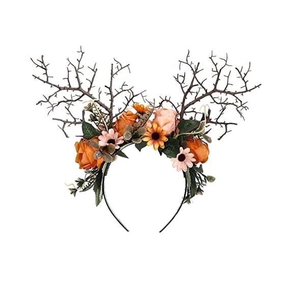 Fuswd Handmade Deer Antler Flower Headband Tree Branch Crown Headpiece Renaissance Fair Orange Rose Floral Hair Band for Women Girls Cosplay Costume Hair Accessory Mardi Gras Carnival Prom