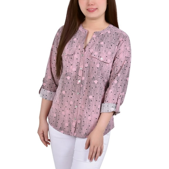 NY Collection 3/4 Sleeve Roll Tab Y Neck Blouse