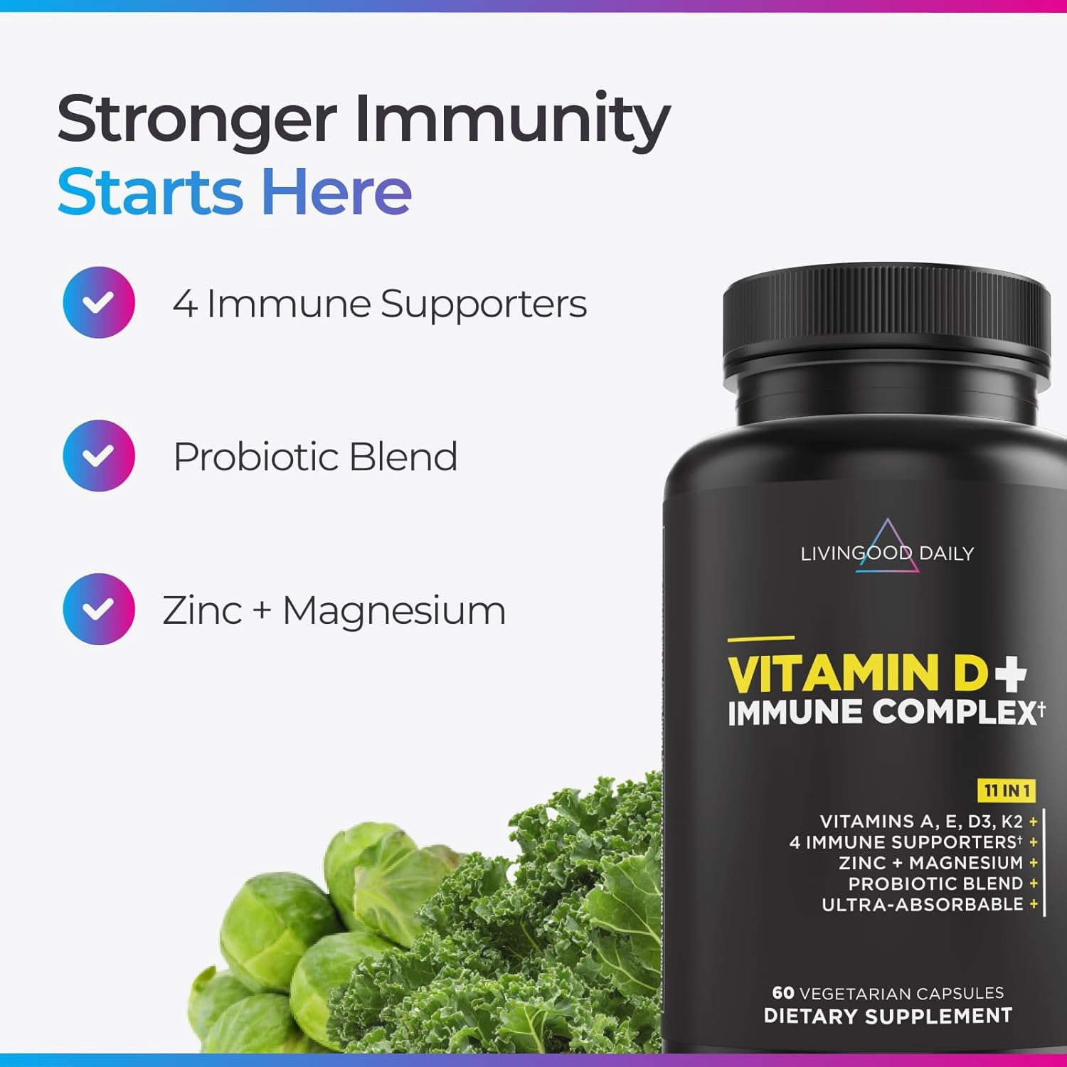 Livingood Daily Vitamin D3 4000 IU (100 mcg) + K2 Supplement w/ Zinc, Magnesium & Vitamins A & E, 60 Capsules for Immune and Bone Health