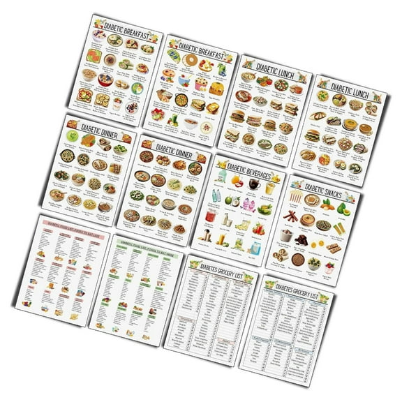 12Pcs Diabete Food List Chart & Meal Planner for Diabetics Diabete Diet Plan Sheet Diabete Reference Chart