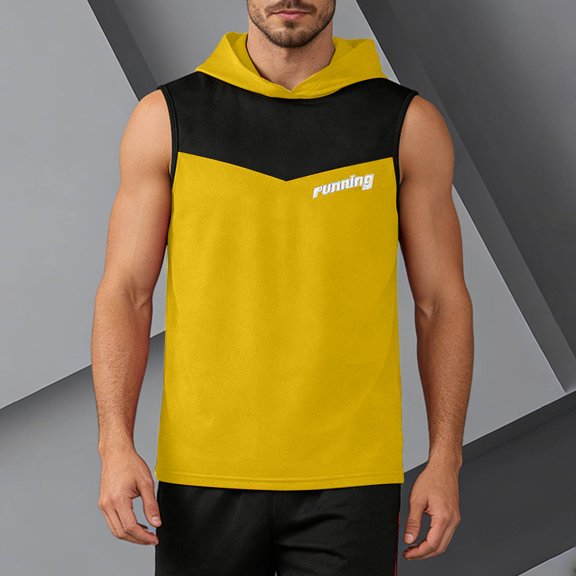 BRGZLK Men's Athletic Tank Tops Summer 2026 Color Block Round Neck Casual Sport Hooded Tank Tops Bodybuilding Muscle Cut Off T-Shirts for Running Yellow L