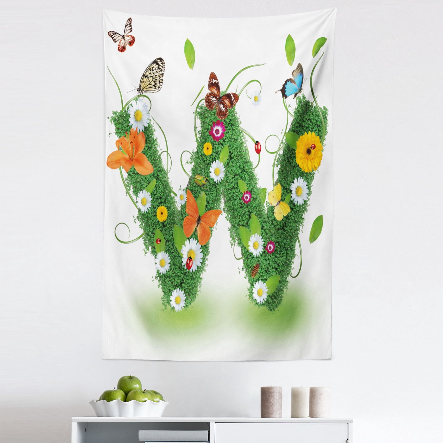Letter W Tapestry, Nature Inspired Green Foliage with Wildflowers ...