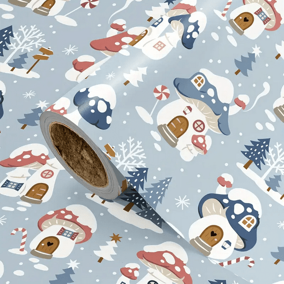 Christmas Snowman Mushroom House Wrapping Paper Light Blue Winter Wonderland Design