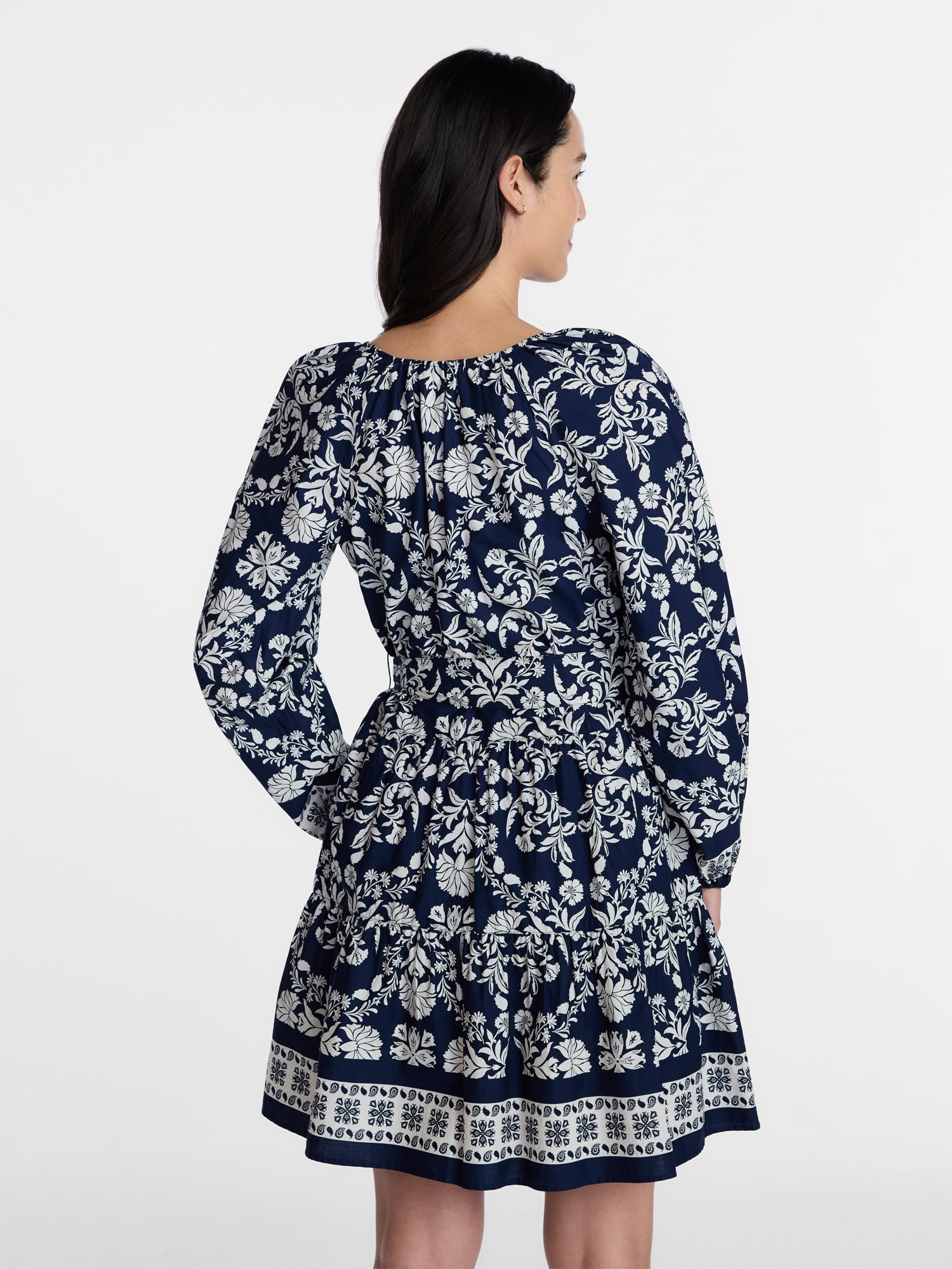 Time and Tru Women's and Women’s Plus Tie Neck Mini Peasant Dress, Sizes XS – 4X