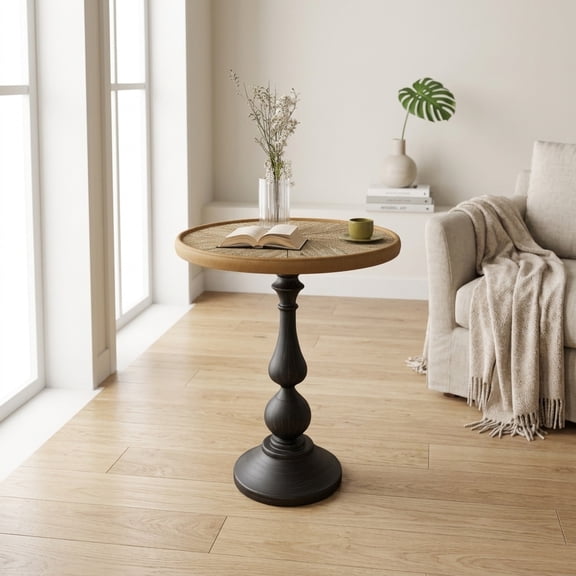 Round End Table with Pedestal Base - Vintage American Country Style