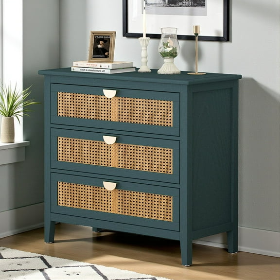 Tcbosik 31.5" Wide Rattan Nightstand, Modern Boho 3-Drawer Chest with Storage, Wooden Bedside End Table for Bedroom, Living Room, Hallway (Green)