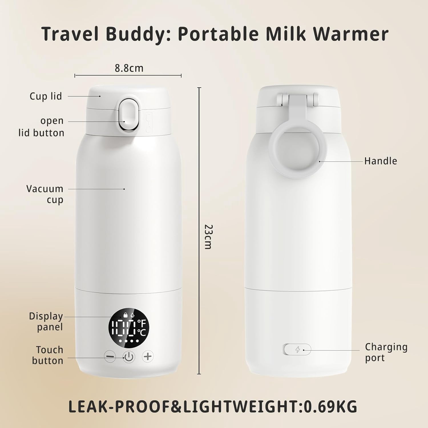 Portable Bottle Warmer for Baby ? Fast Heating Milk Warmer for Travel, Breast Milk & Formula, 17oz Leak-Proof Stainless Steel, IPX6 Waterproof, Rechargeable with Long Battery Life with Cleaning Brush
