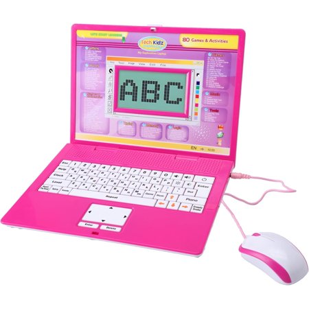 Tech Kidz - STEM Toy Computer Educational Learning Laptop, 80 Challenging Learning Activities to learn Mathematics, Words, Logic, Typing, LCD Screen with Backlight, Mouse Included (Pink), Ages 4+