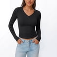 thumbnail image 5 of Nestiefly Long Sleeve Shirts for Women Fall Fashion V Neck Crop Tops Soft Stretchy Thermal Base Layer Undershirt Black S, 5 of 6