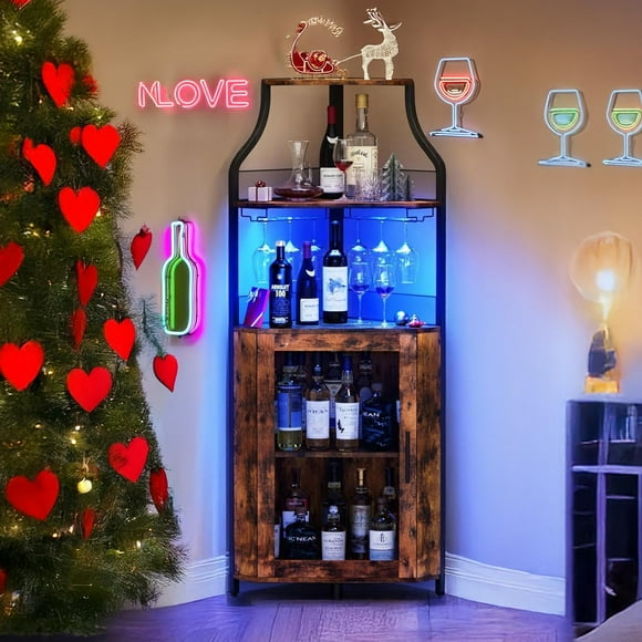 Corner Bar Cabinet, Modern Wine Cabinet with Storage Shelves & Mesh Door, Home Bar Liquor Storage Cabinet with Glass Rack for Living Room, Dining Room