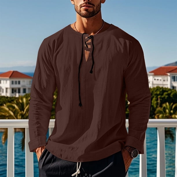 pstuiky Camisas de manga larga abrigadas para hombre, Blusa informal de manga larga con cuello en V y tirantes sueltos para hombre Tops de hombre m