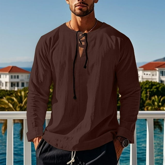 Blusas y camisas de manga larga con cuello en V para hombre, blusa informal de moda lisa con tirantes sueltos, blusa de manga larga con cuello en V, blusa de poliéster para hombre