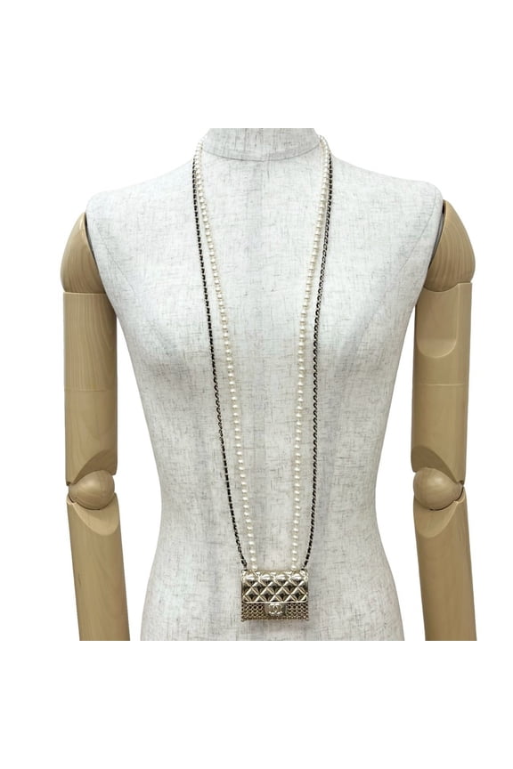 Pre-Owned CHANEL Coco Mark Matelasse Bag Motif Metal Faux Pearl Chain Necklace 57877 (Good)