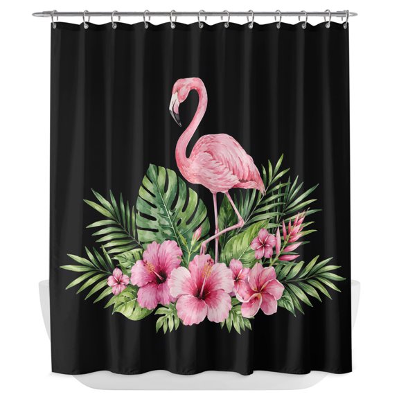 Pink Floral Flamingos Shower Curtain - Water Repellent Fabric Shower Curtains Washable, Summer Botanical Black Tropical Decorative Polyester Cloth Bathroom Curtains Modern Bath Decor 72"x84"