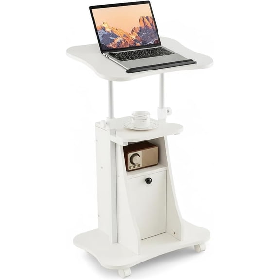 Tangkula Mobile Laptop Podium, Height Adjustable Sit to Stand Desk with Tilting Desktop & Storage Cabinet, Ergonomic Rolling Lectern Cart Laptop Desk, Office Podium Stand on Wheels