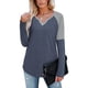 thumbnail image 3 of Camisa de Mujer Cuello en V Contraste Color Manga Larga Top Camiseta Interior Poliéster para Otoño Invierno Azul XXL, 3 of 6