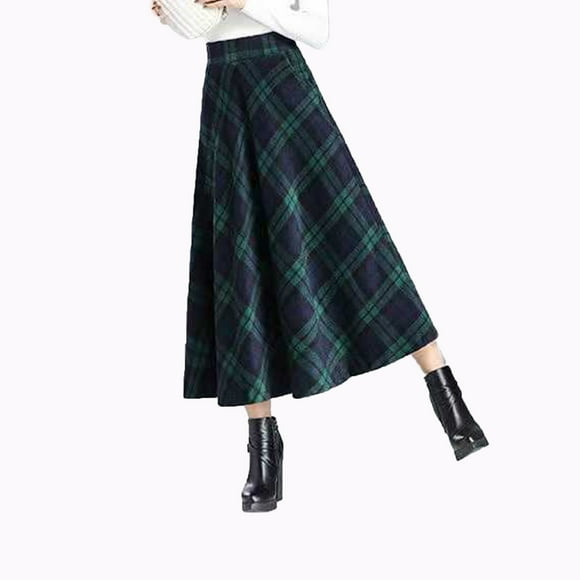 Womens Plaid Wool Skirts Elastic Waist A Line Pleated Tartan Long Skirts for Stylish Casual Wear
