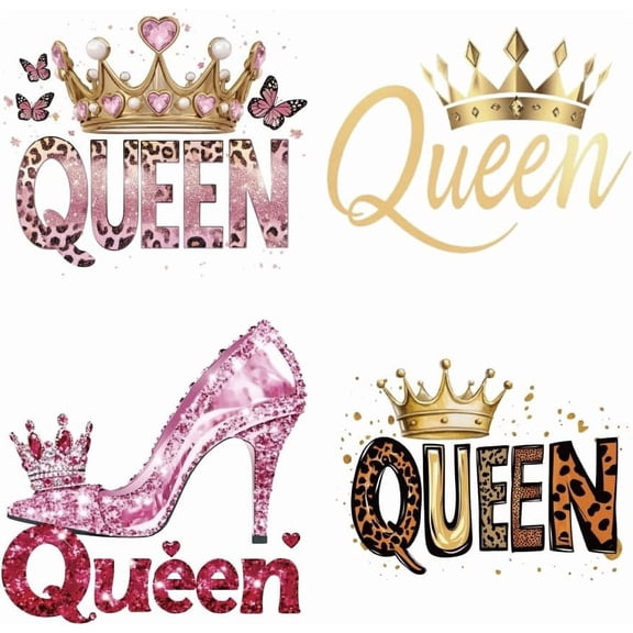 4 Sheets Queen Iron on Stickers Colorful Queen and Pattern Print Transfer Stickers Decals