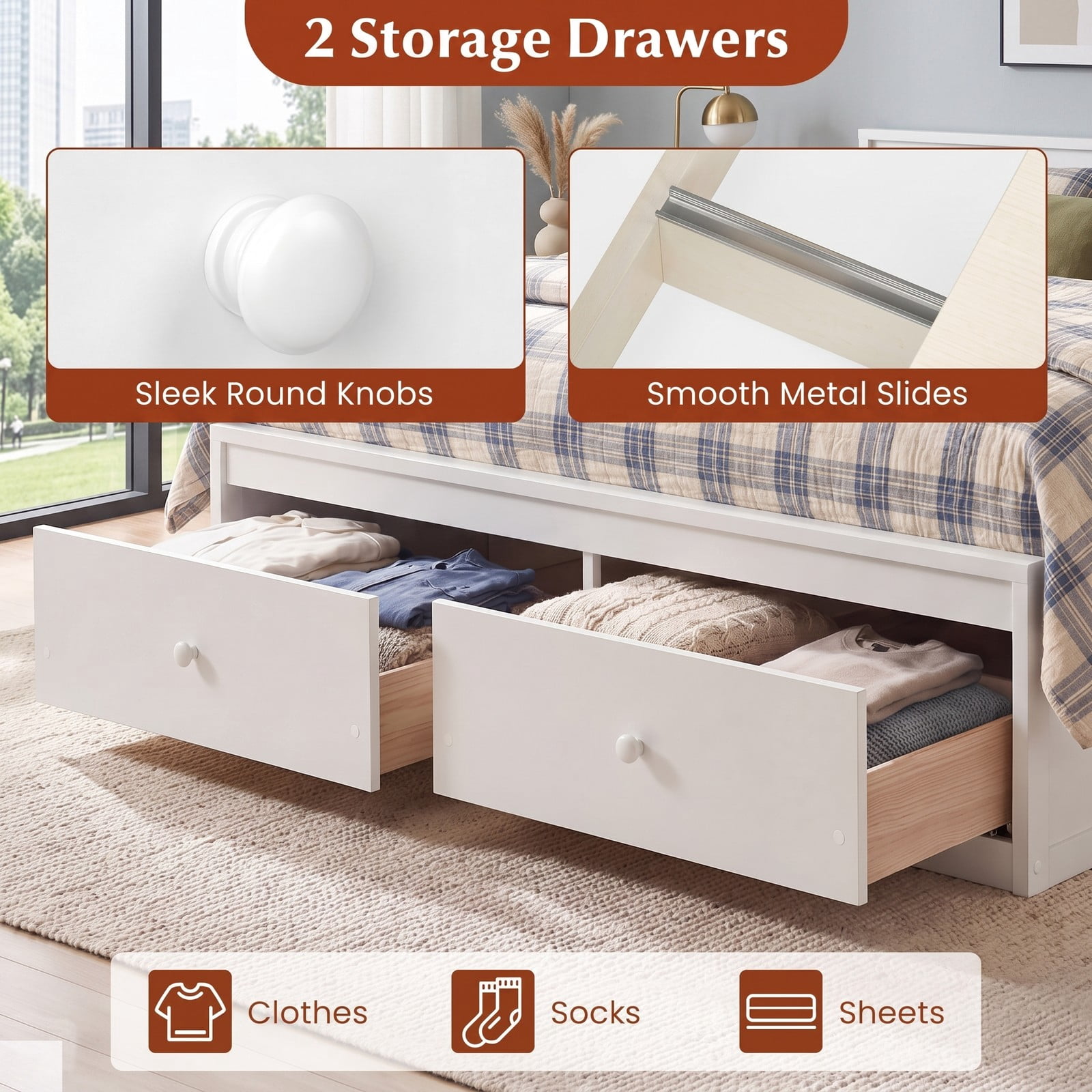 Furnibear Full Size Bed Frame with 2 Storage Drawers, Wood Platform Bed Frame with Plank Headboard for Bedroom and Guest Room, White