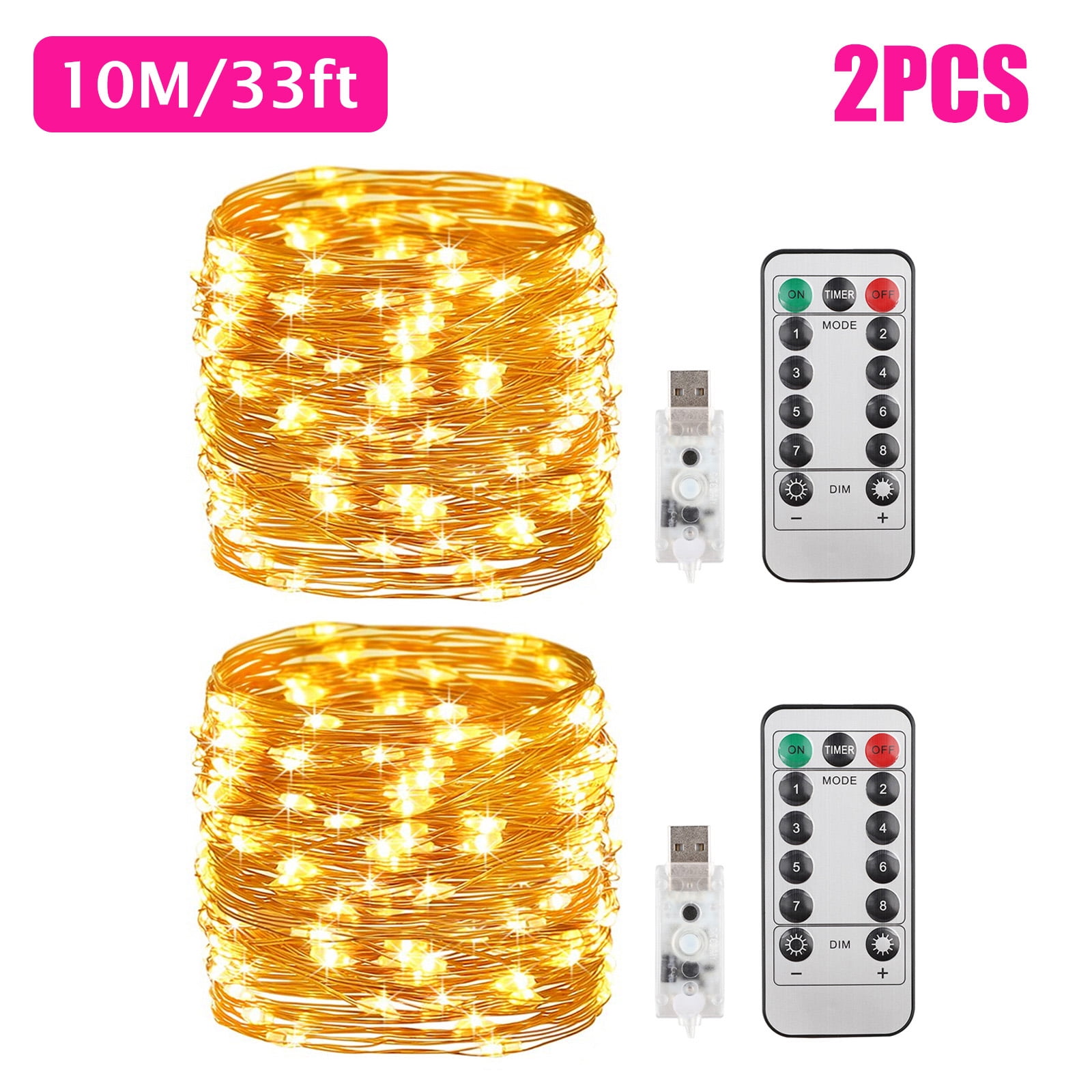 2/1pcs Fairy Lights USB Plug In LED String Lights Remote & Timer