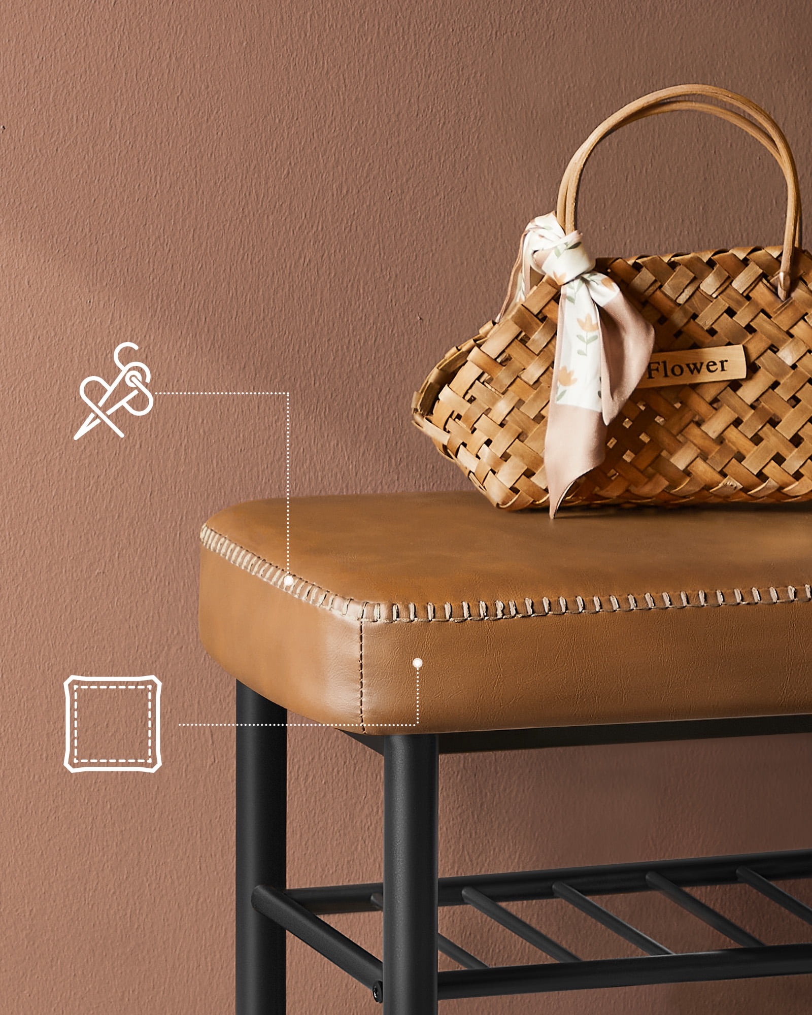 Storage Bench, Shoe Rack Bench Entryway, Synthetic Leather with Stitching, Caramel Brown