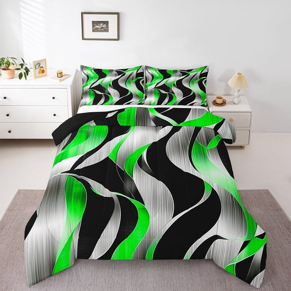 Erosebridal Geometric Stripes Bedding Twin Comforter Set,Black Green Down Comforter,Spiral Swirl Bedding Sets Twin with Comforter,Microfiber Boys Bedroom Decor,Reversible,3pcs