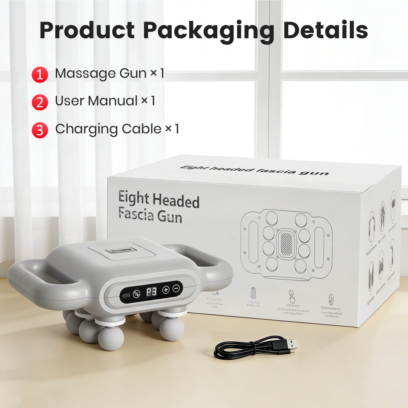 BAOKALER Massage Gun, 8 Head Massage Gun Deep Tissue 6 Speeds Percussion Muscle Massager 1200mAh Battery Type-C Charging Super Quiet Massage Gun, Neck Massager for Pain Relief for Men & Women