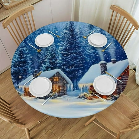 

Sheronv Christmas Tree Snow Round Tablecloth Stain-Resistant & Washable 100% Polyester Table Cloth for Indoor Outdoor Restaurants Weddings Parties with Elastic Edge 42 -46