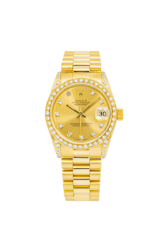 Pre-Owned Rolex Datejust 31MM 68278 Champagne Diamond Dial Diamond Bezel 18K Yellow Gold President Bracelet