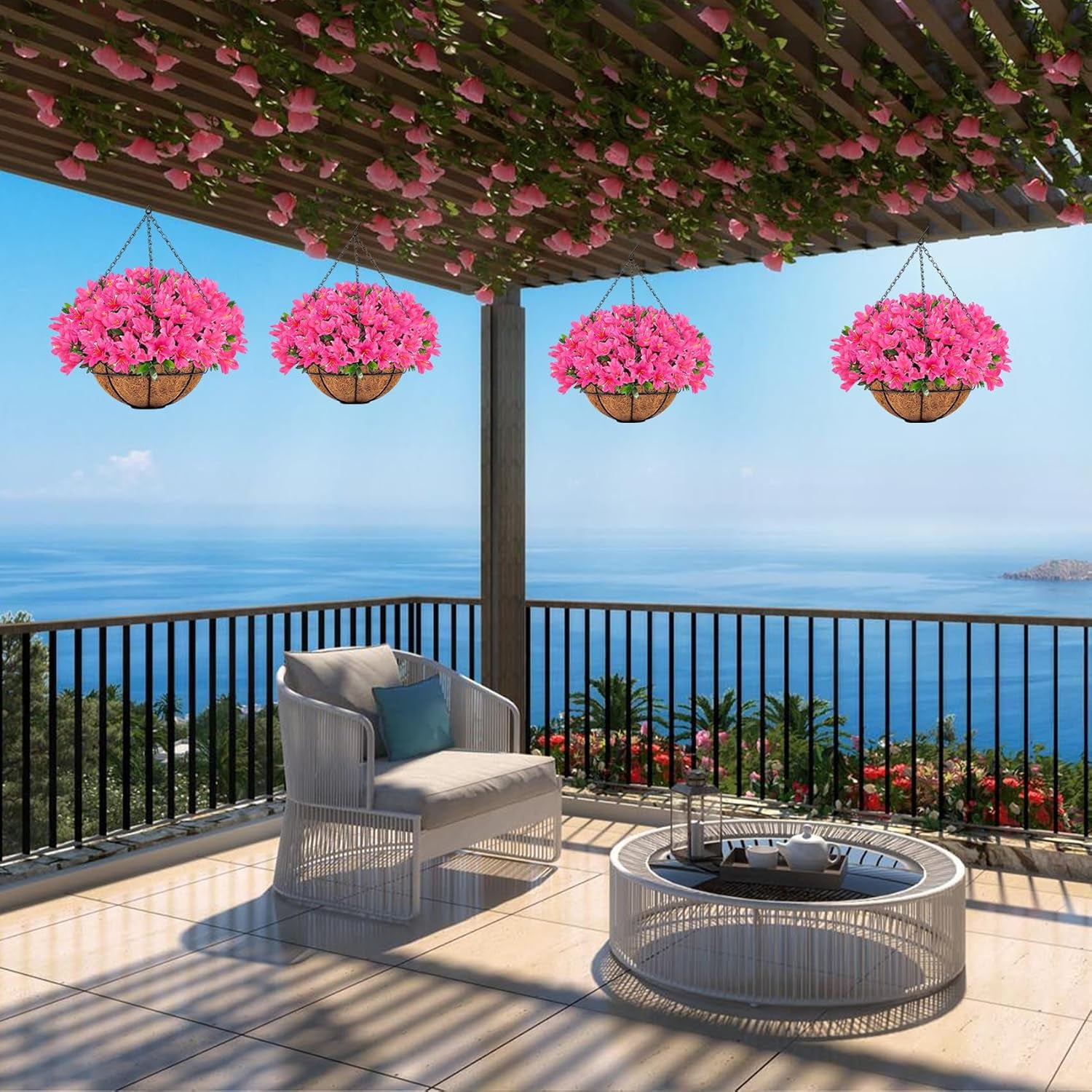 Artificial Fake Hanging Flowers Plants Baskets for Outdoor Spring Summer Decoration, Faux Silk Morning Glory in Planter UV Resistant Realistic for Porch Outside Patio Balcony Garden Yard
