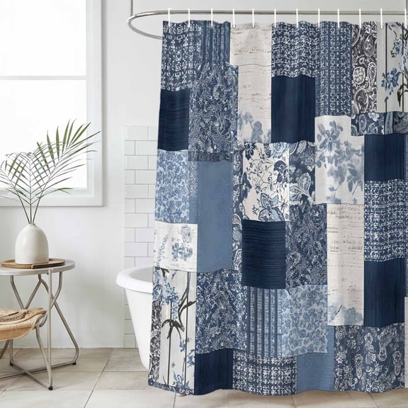 Bathroom Shower Curtain Blue Geometric Retro Patchwork Waterproof Shower Curtains with Hooks, Vintage Floral Texture Bath Curtains Bathtub Curtain Home Decor 36x72in