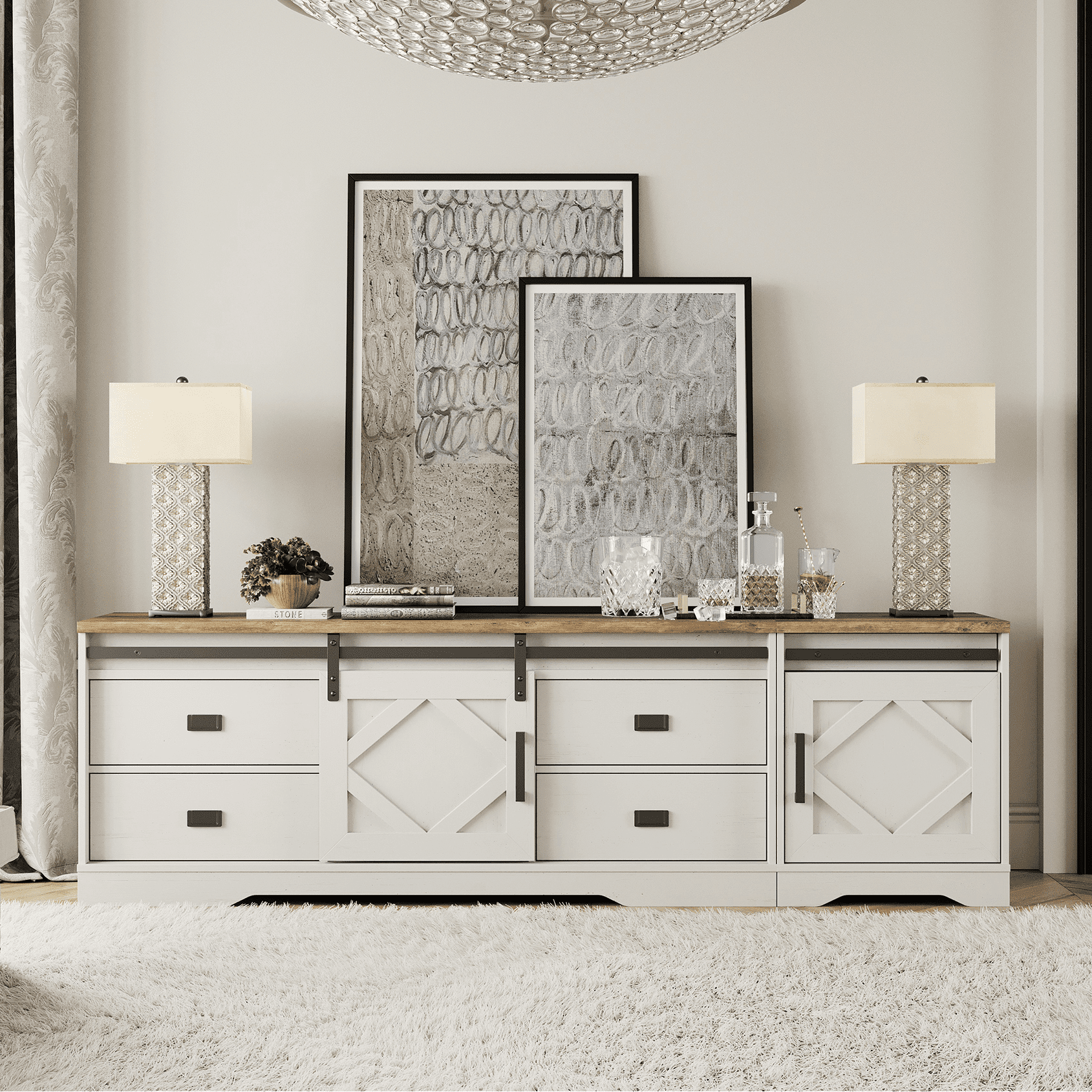 WAMPAT Farmhouse Entertainment Center for 85" TVs, 2-in-1 Wooden TV Stand with Barn Door, Adjustable Shelves and Storage Drawers,Media Console Table for Living Room,Cream White