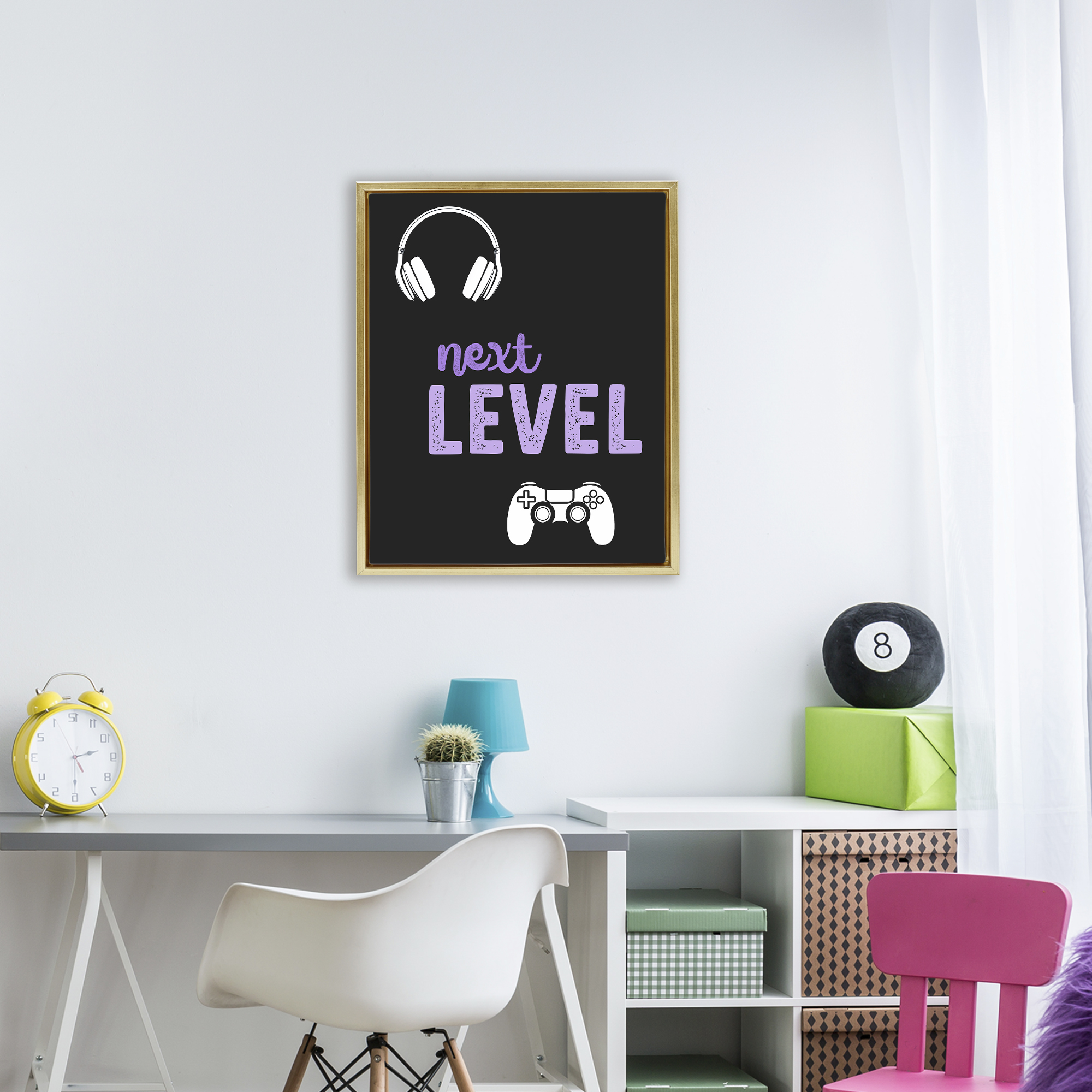 Next Level Headset & Controller Gold Framed Floater Canvas Wall Art, design by Christine Simpson Art