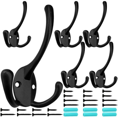 

6 Pack Big Heavy Duty Three Prongs Coat Hooks Wall Mounted with 24 Screws (Two Types of Screws Included) Retro Double Utility Rustic Hooks for Thick Coat Big Heavy Bags (6 Pack)