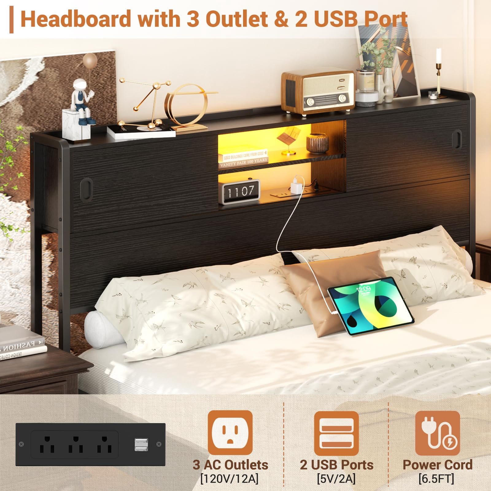 Homieasy Queen Size Storage Headboard with Charging Station, LED Light & Sliding Doors - Sturdy Bookcase Headboard with Bed Adapter for Bedroom, Black