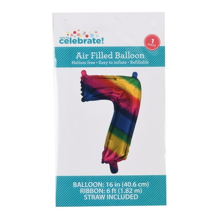 WAY TO CELEBRATE! Rainbow Foil Number 7 Shaped 16" Multi-color Rainbow Party Balloon