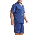 thumbnail image 3 of SWSMCLT Men's 2 Piece Satin Pajama Set Lightweight Soft Fall Button Spring Silk Silky Lounge Set Short Sleeve Pj Set Dark Blue X-Large, 3 of 4