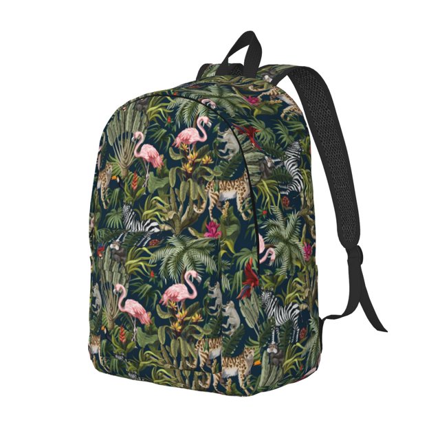 Disketp Flamingos And Palm Leaves print Canvas Backpack Lightweight Travel Daypack Student Rucksack Laptop Backpack-Medium