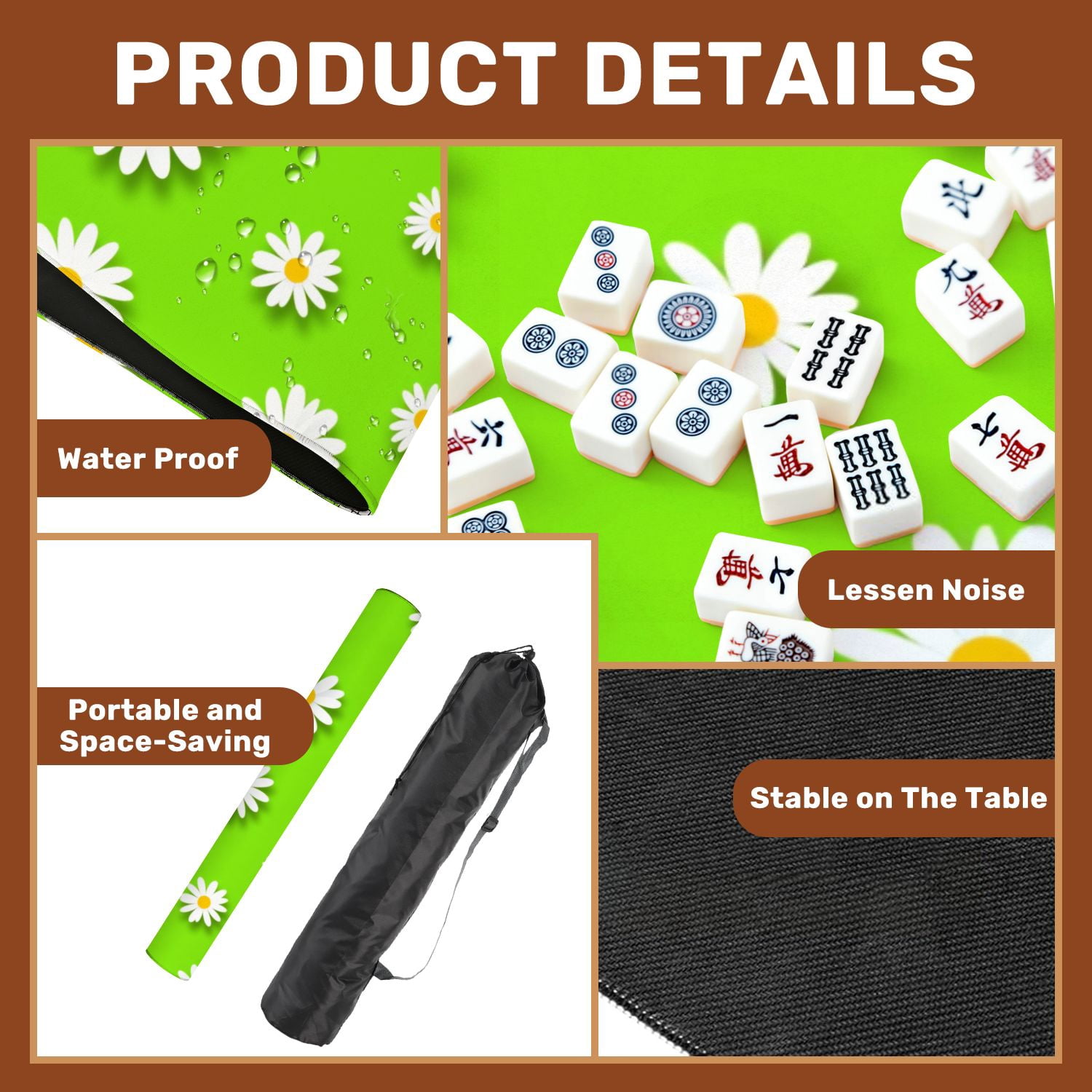 Mahjong Mat 31.5" x 31.5" White Daisy Flowers Bright Green Flat Style Non-Slip Noise Reduction American Mahjong Tiles Table Cover for Dominoes Poker Card Board Games Gift