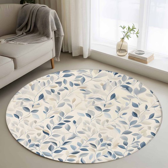 Blue Botanical Round Area Rug 4 FT, Non Slip Indoor Outdoor Rug, Farmhouse Spring Summer Plant Washable Soft Circular Carpet Non-Shedding Floor Mat for Coffee Table Nursery Foyer Balcony