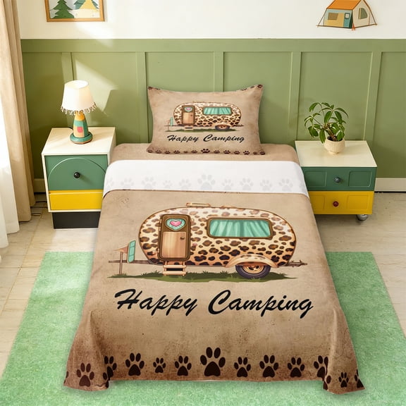 Erosebridal Leopard Print Camper Twin Sheet Sets,Kids Happy Camping Bedding For Girl Boys 3 Pieces