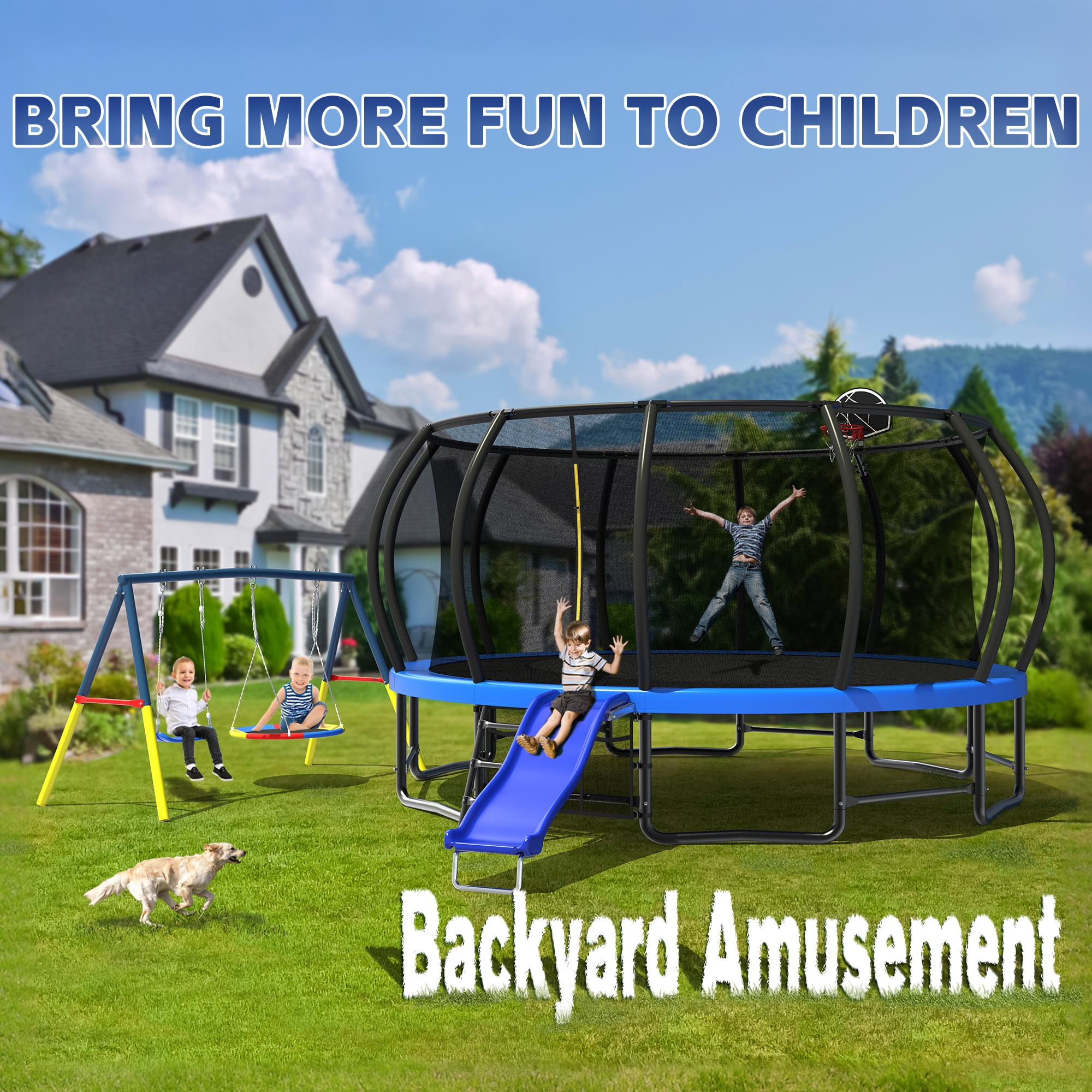 Mersco 15FT Heavy Duty Trampoline with Enclosure Net ,Slide ,Swing Set Outdoor Trampoline for Backyard,Kids Trampoline with Basketball Hoop,Birthday and Holiday Gifts for Kids,Blue