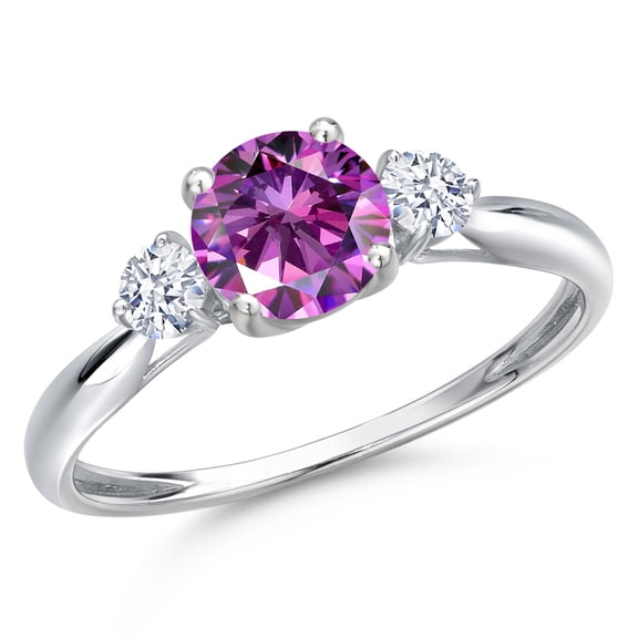 Gem Stone King 10K White Gold Fancy Purple Zirconia and White Zirconia 3-Stone Ring for Women | 1.06 Cttw | Round 6MM | Gemstone Birthstone | Size 7