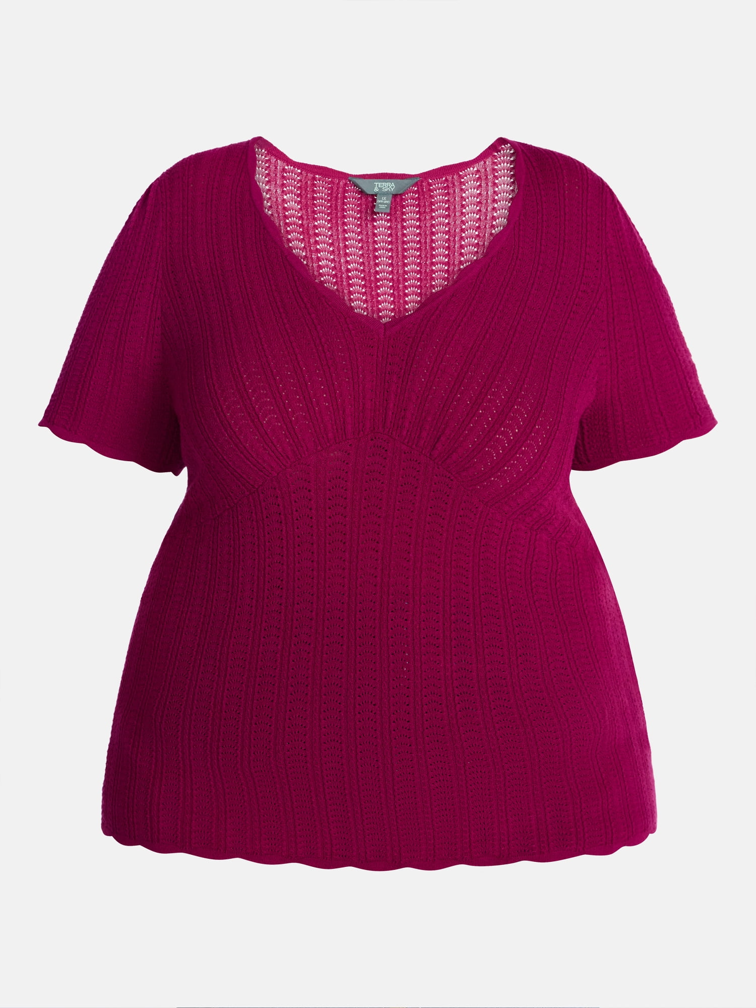 Terra & Sky Women's Plus Pointelle Sweater Top with Short Sleeves, Midweight, Sizes 0X-5X