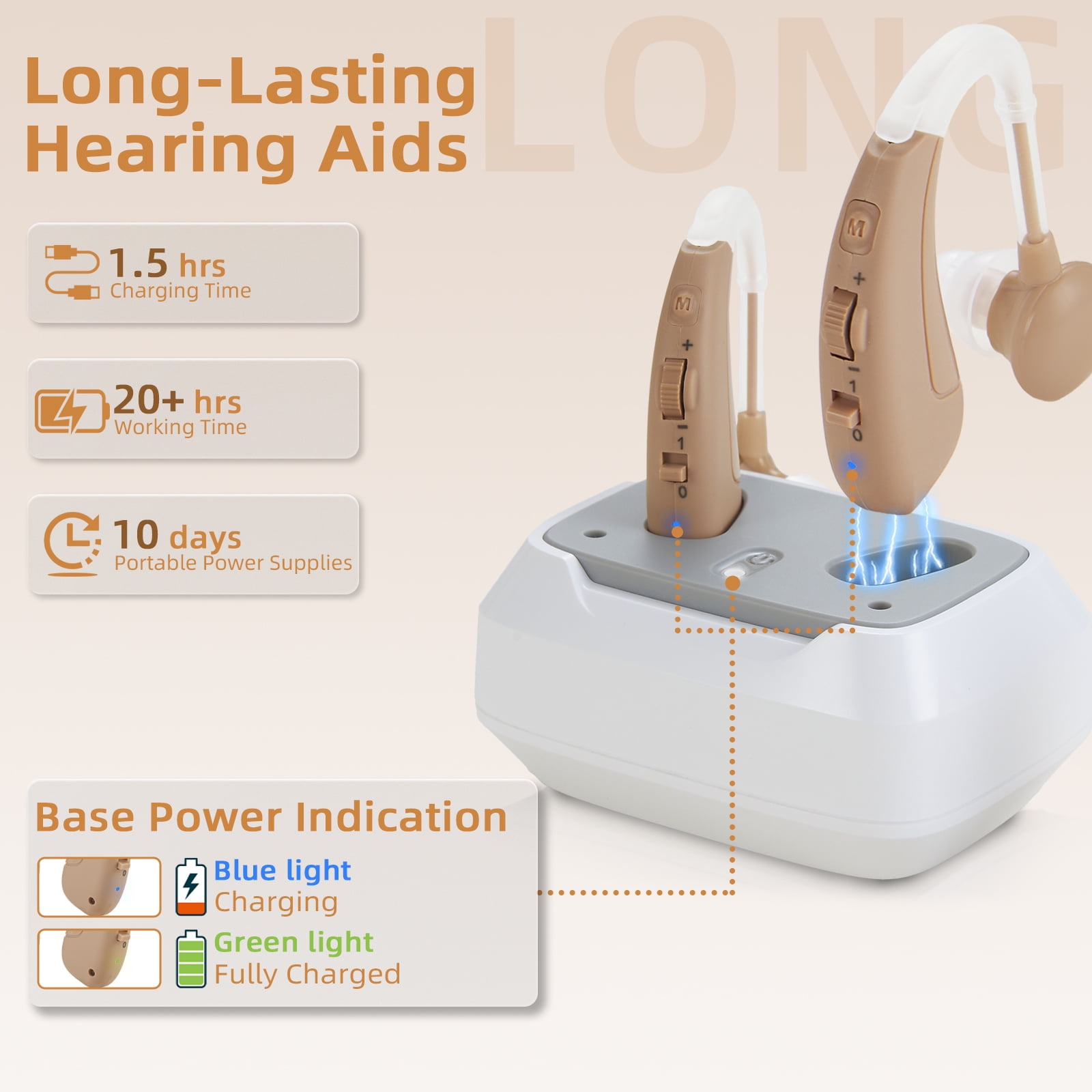 Delmicure Rechargeable Hearing Aids for Seniors, 4-Mode, Digital, Magnetic Charging, VHP-1011, Slide Control, Beige